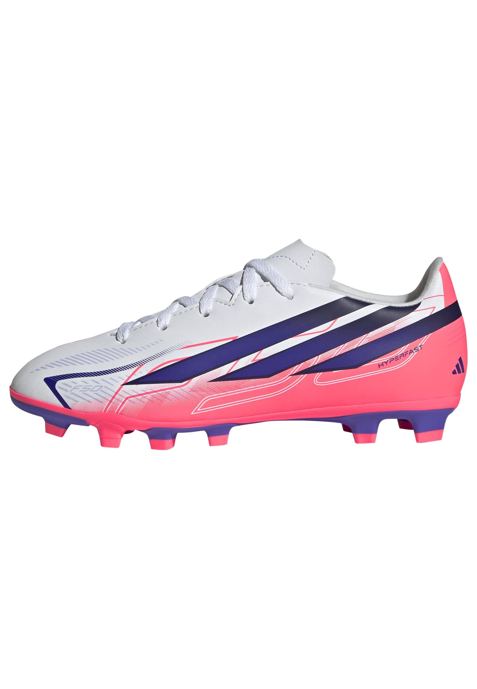 adidas Unisex Kids F50 Hyperfast Club Firm Ground/Multi Ground Football Boots Kids Shoes, FTWR White/Solar Purple/Solar Turbo, 13 UK Child