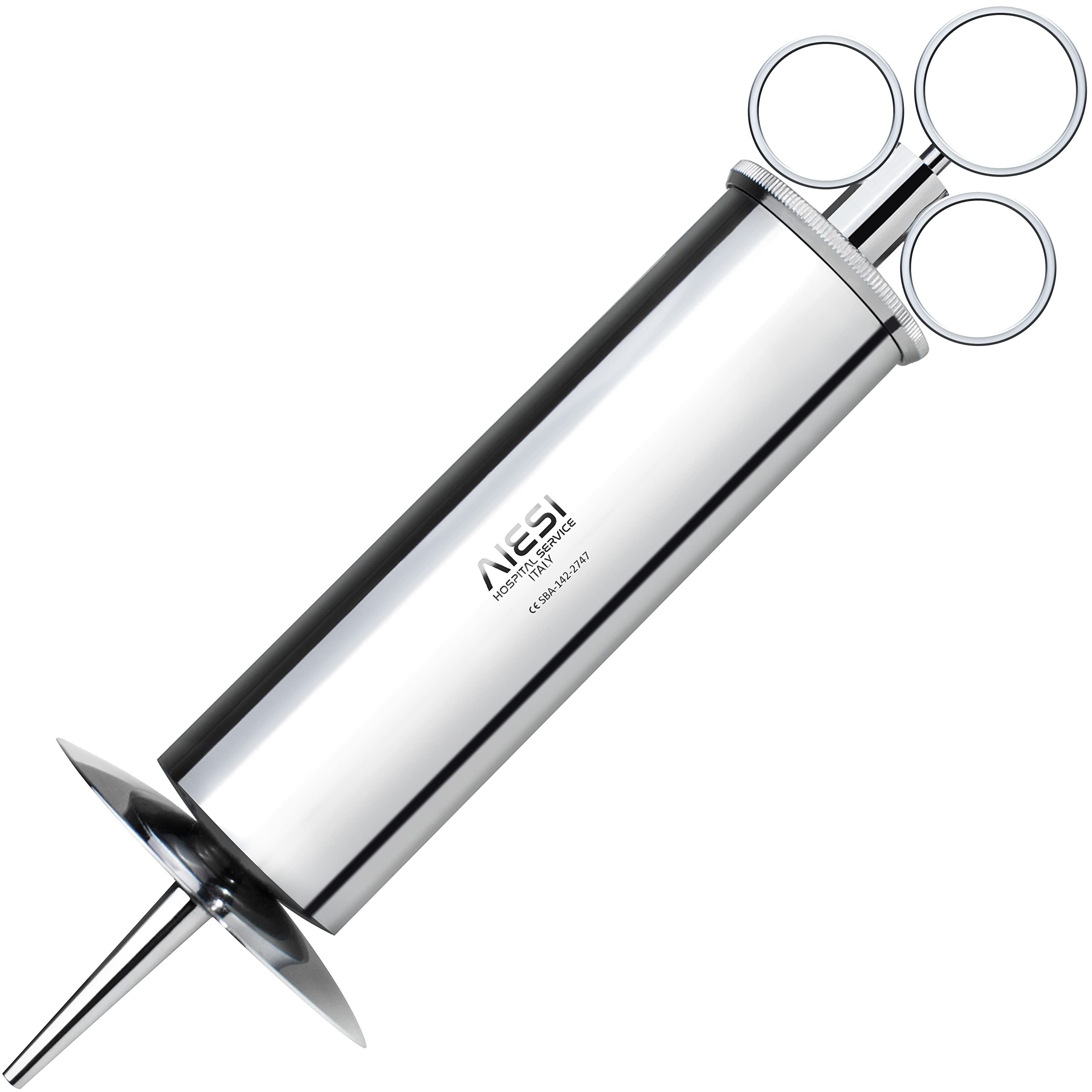 AIESI® Jeringa Schimmelbusch de metal/acero de 200 ml de capacidad con copa auricular y 2 cánulas, Jeringa para riego, Garantía 24 meses