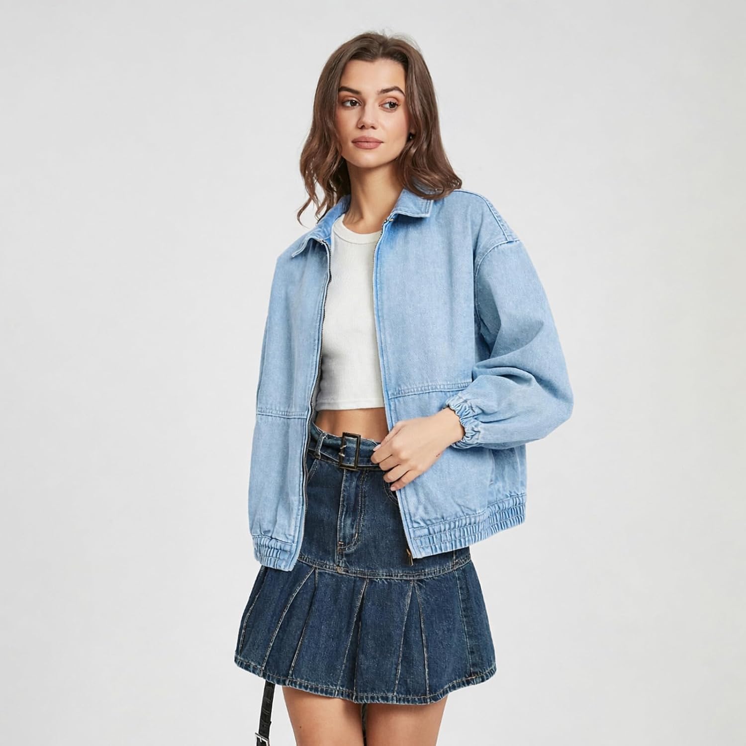 D-Sun Women's Denim Jacket Oversized Zip Up Elastic Hem Classic Casual Loose Fit Bomber Jean Jackets