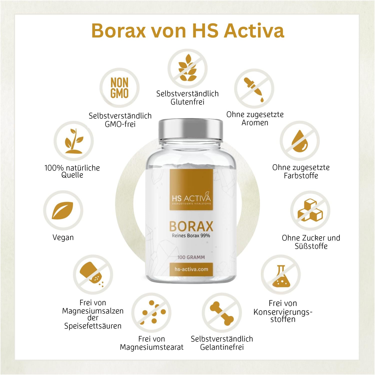 HS ACTIVA Borax 99,9% I Borsalz I Natriumtetraborat I 100 Gramm I Natürlich und Rein I Haushaltsmittel | Borax Pulver, Boron, natürlich, Haushaltsmittel, hohe Reinheit, vielseitig anwendbar