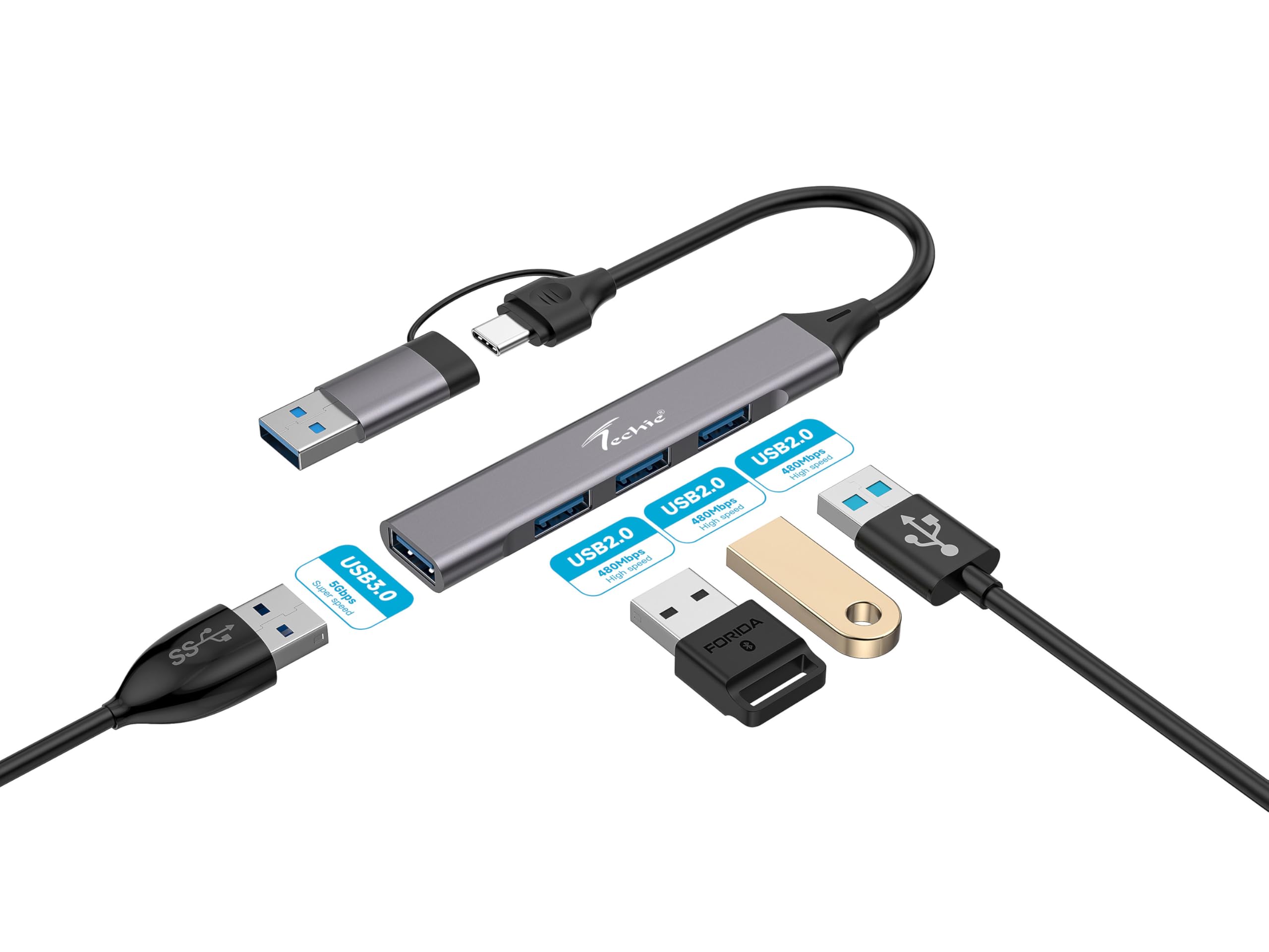 TECHIE 4 in 2 USB HUB with Type-C Hub | 3 x USB 2.0 Ports, 1 x USB 3.0 Port | Multiport Adapter | Multipin USB Port | Universal Compatibility | High Speed | Compact Design | Plug-and-Play