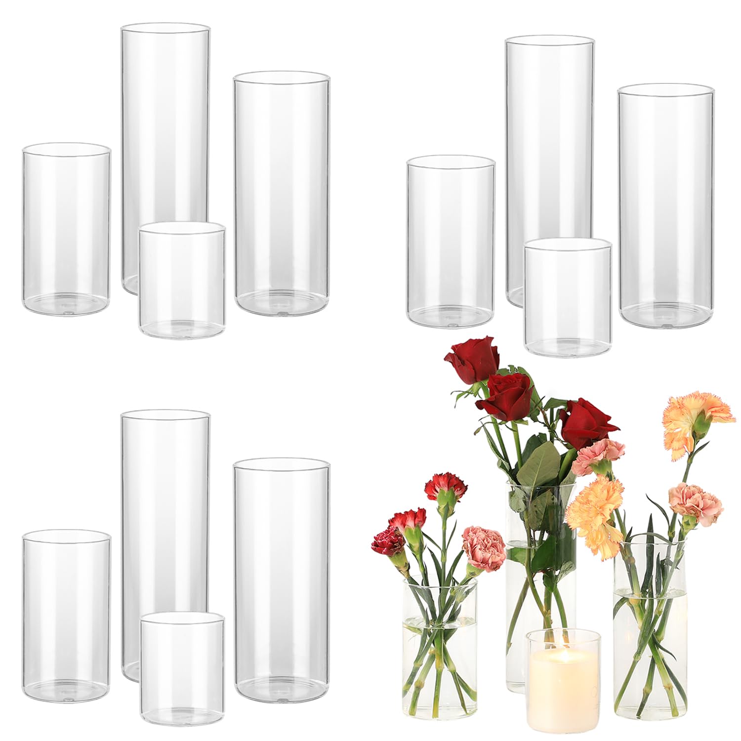 Glass Cylinder Vases, Glass Vases for Centerpieces 12 Pack, Hurricane Glass Candle Holders, Clear Vases for Centerpieces, Glass Vases for Flowers, Weddings, Floating Candle, Table, 4"+6"+8"+10"