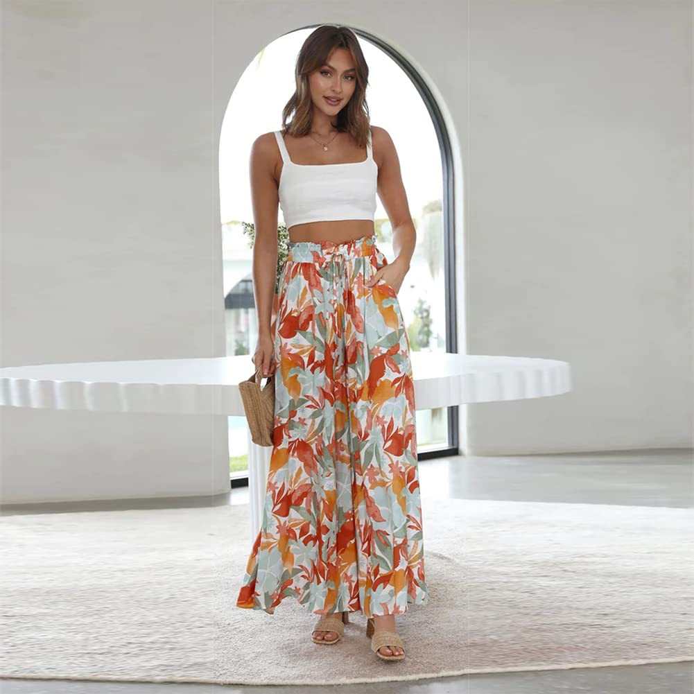 Odizli Pantaloni lunghi da donna eleganti bohémien, in chiffon, a vita alta, larghi, da spiaggia