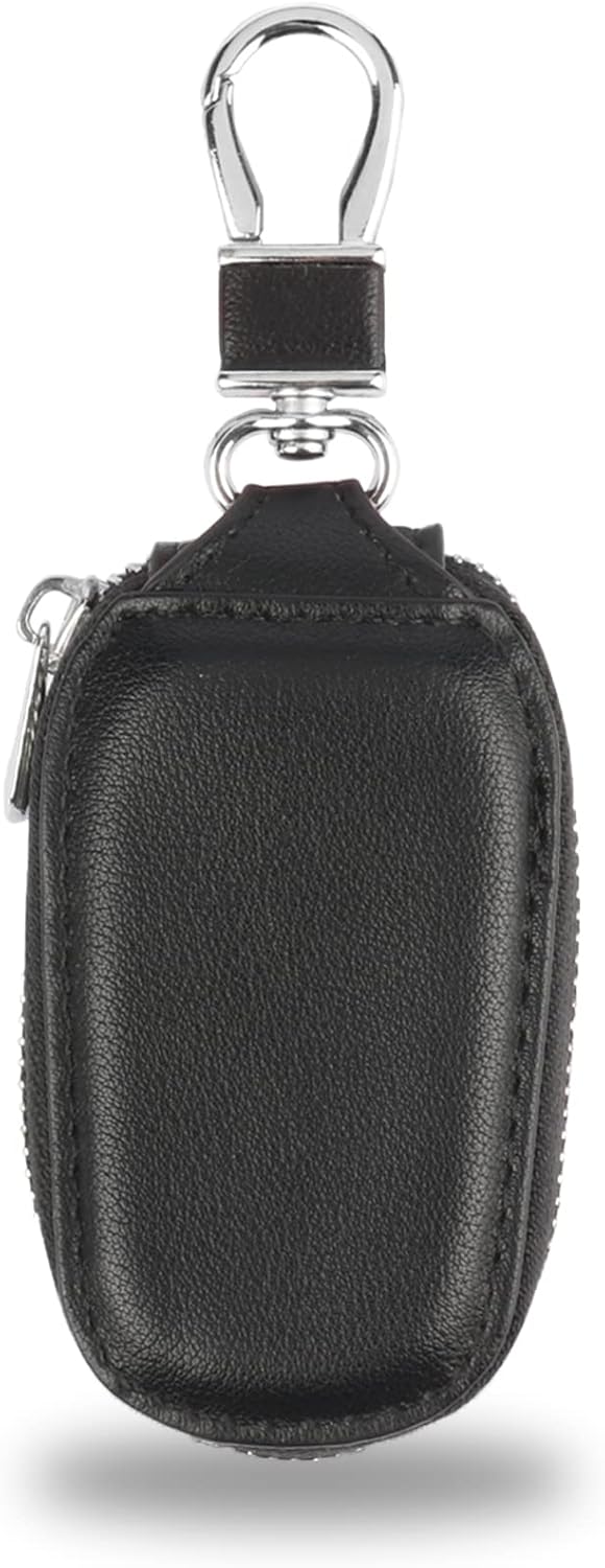 Amiss Car Key Case, Universal Key Fob Cover Case, Key Fob Protector, Genuine Leather Car Smart Key Chain Keychain Holder Metal Hook and Keyring Zipper Bag for Remote Key Fob - Black