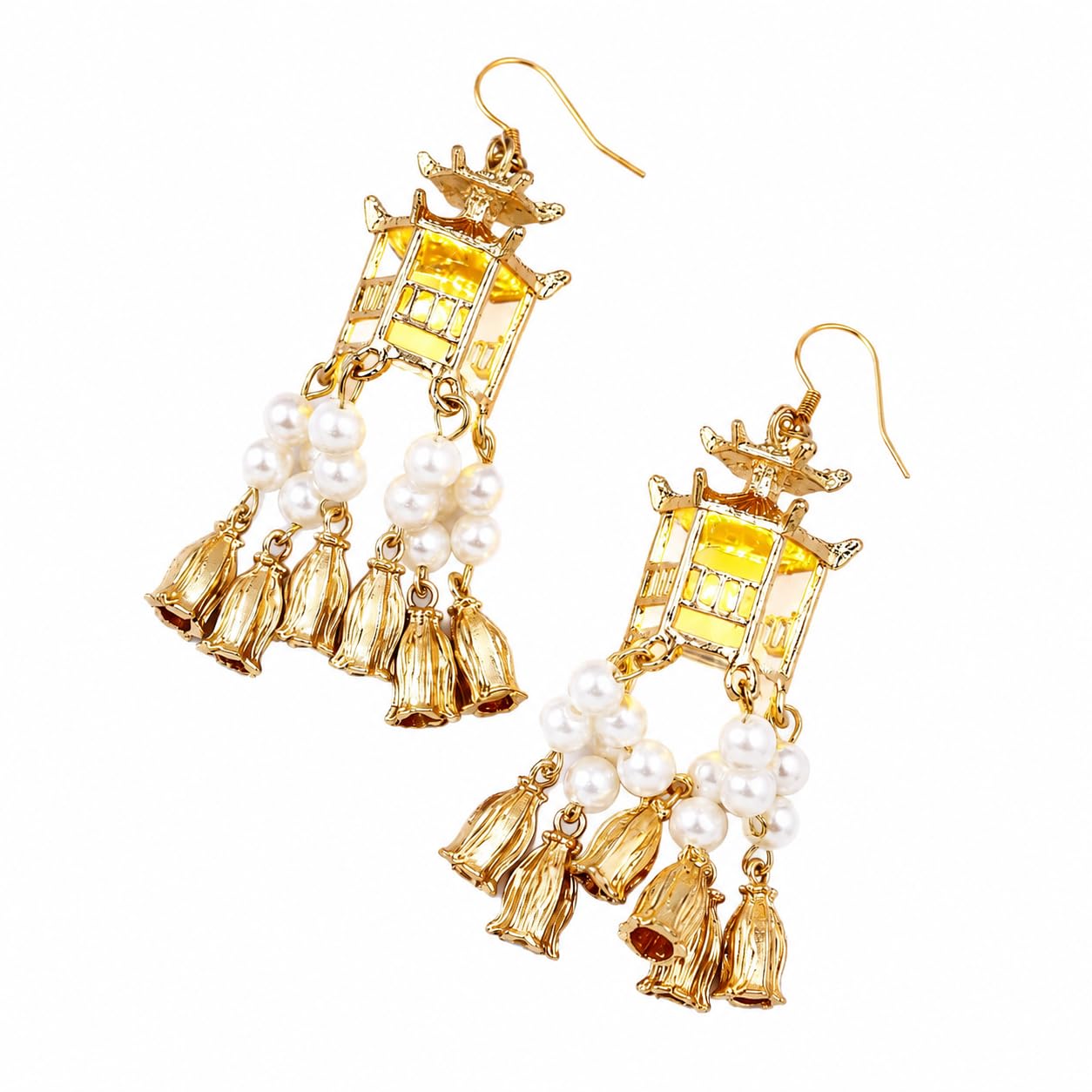 Handicraft Pagoda Pearl Tassel Dangle Earrings White - Image 1