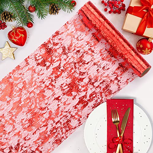 tiosggd Red Table Runner 11'' x 192'', Metallic Sequin Glitter Foil Thin Mesh Table Runners Roll, Spring Red Table Decorations for Wedding Birthday Party Decor — view 2