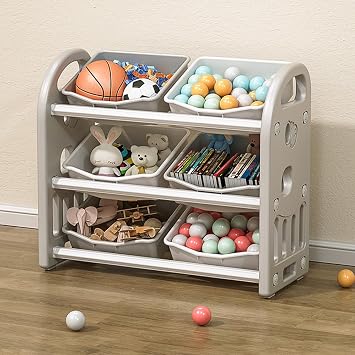 Kids Toy Storage Organizer, 3-Tier Shelves Multi-Functional Kids Storage Organizer with 6 Removable Bins Large Storage Capacity for Boys Girls Bedroom Playroom, Nursery Grey