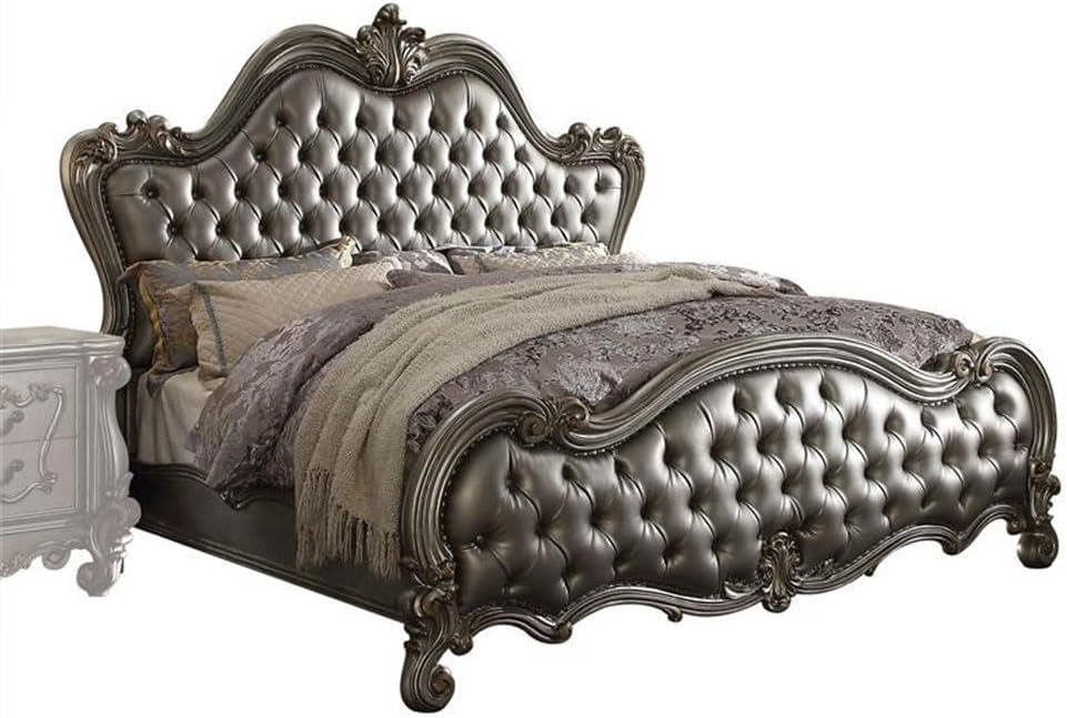 Acme Versailles II Faux Leather Tufted Queen Panel Bed in Silver and Platinum