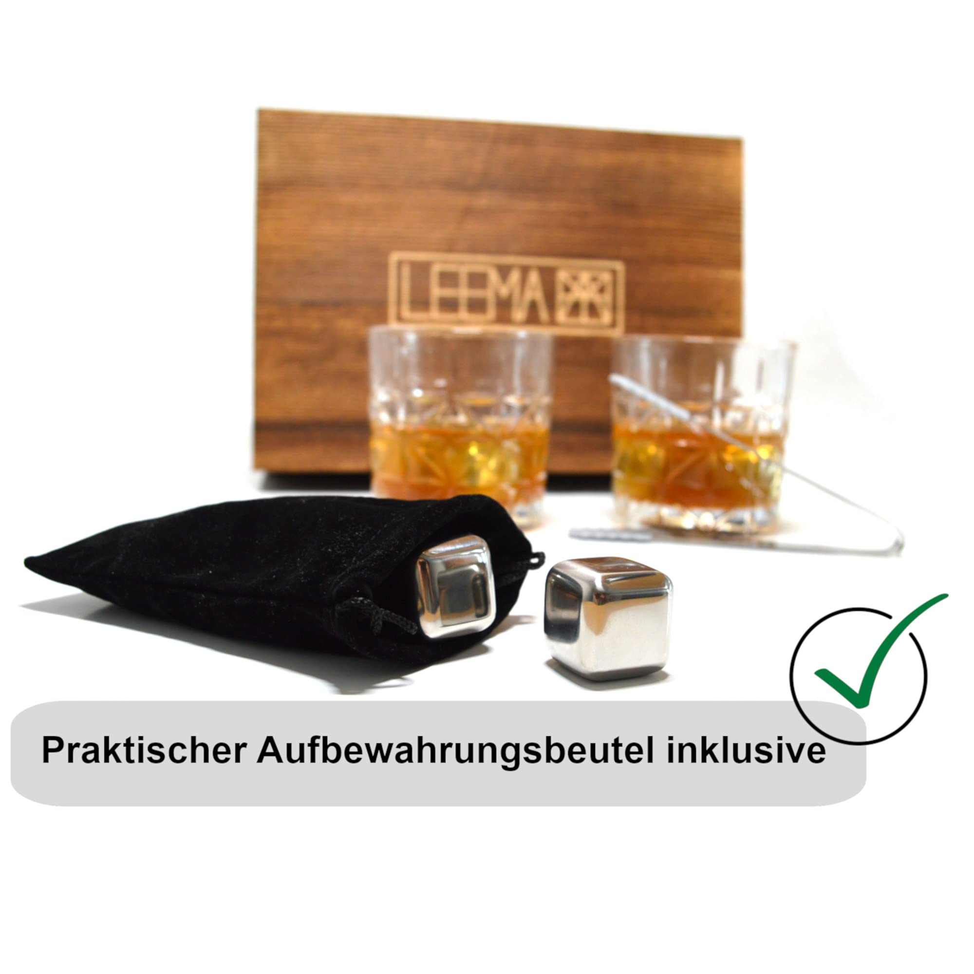 leema Lot de 2 verres à whisky de qualité supérieure avec 2 verres, boîte en bois, 6 cubes réfrigérants brillants réutilisables, pince à glaçons et sac de rangement pratique.