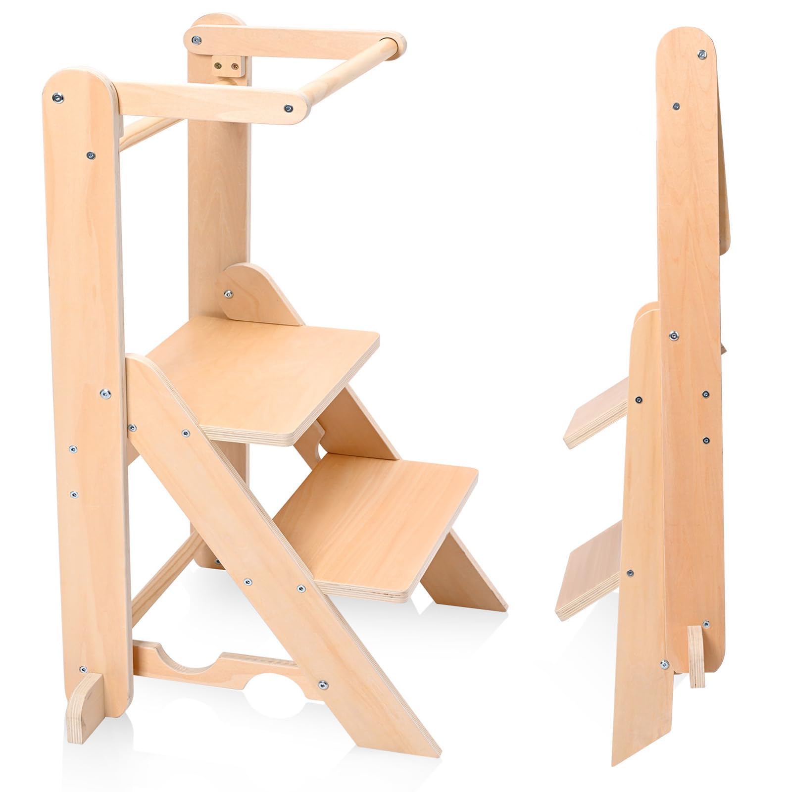 Aomdom Foldable Learning Tower, Montessori Kitchen Auxiliary Tower Save Space, Adjustable Stool for Kids 18 Months to 6 Years (50 kg Capacity)