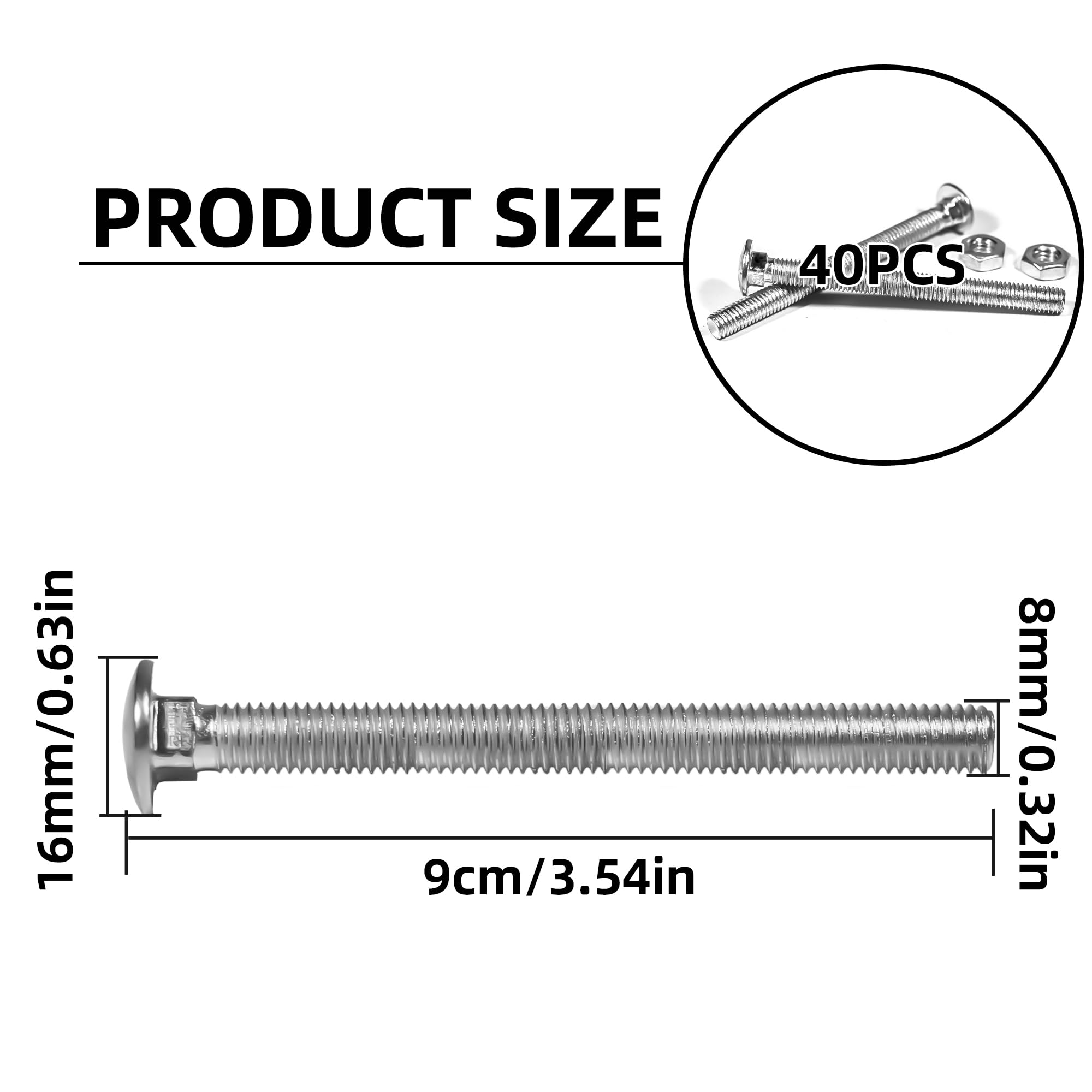 AZKEEGREY 40 Pack M8 Coach Bolts Stainless Steel Coach Bolts and Nuts, 90 mm Fully Thread Coach Bolts - Image 2