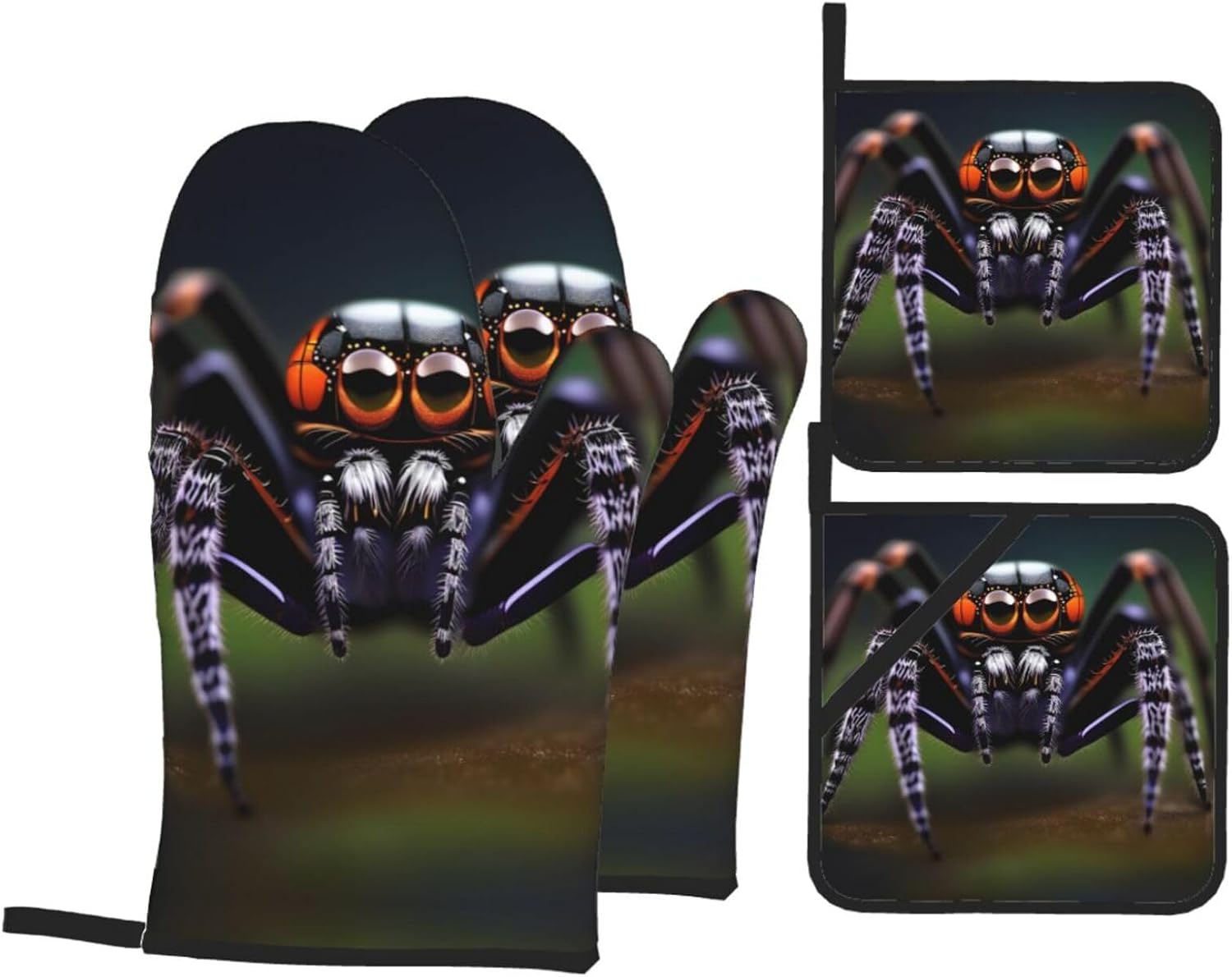 Tropical rainforest spiders Oven gloves and heat-resistant mat 4-piece set. Suitable for grilling, microwave oven frying, and baking