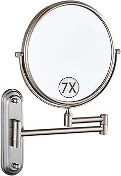 Wall Mounted Makeup Mirror with Magnification, Brushed Nickel Double Sided Magnifying Mirror, 360 Swivel Adjustable Cosmetic Bathroom Vanity Mirror,7X,8 inch