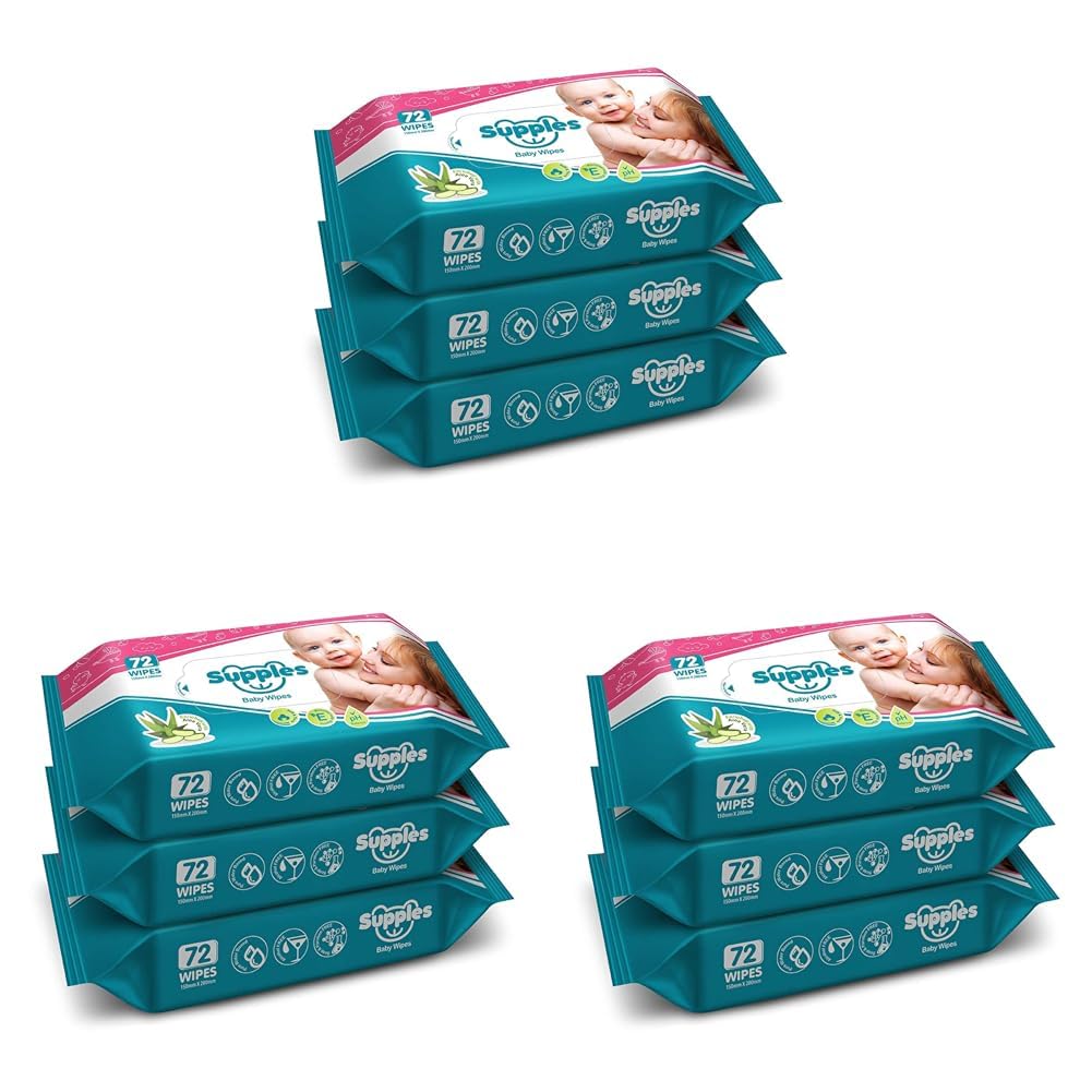 Amazon Brand - Supples Baby Wet Wipes | 216 Wipes | 72 Wipes x 9 Packs | Enriched With Aloe Vera and Vitamin E | Alcohol-free and Paraben-free | Pure Water-Based Formulation-image-34
