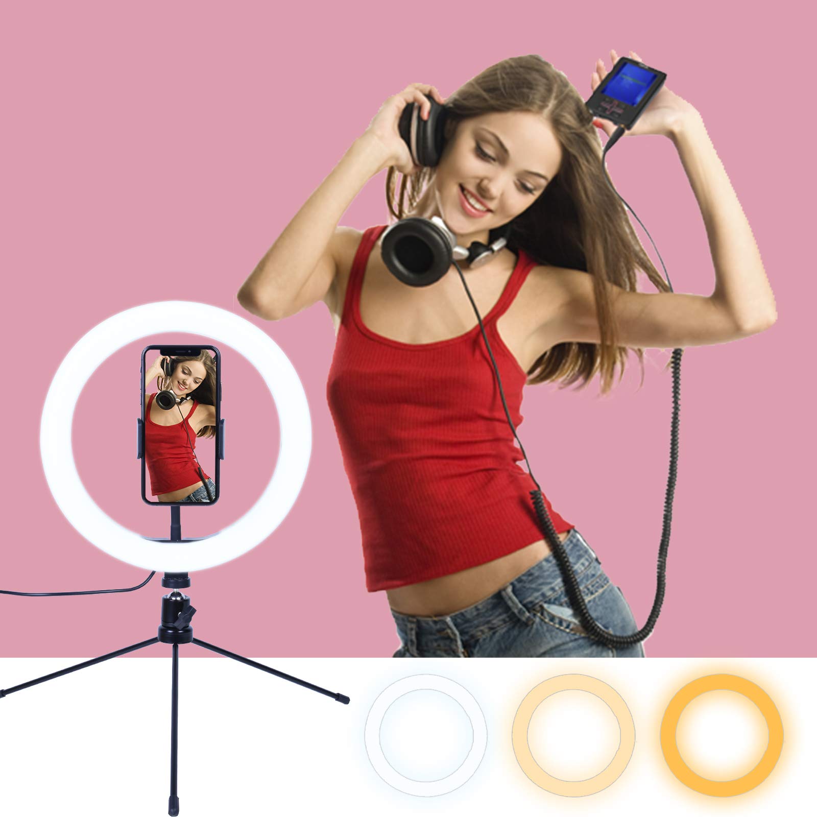 AGM 10" LED Selfie Ringlicht mit Mini-Tischstativ, Telefonhalter | Bluetooth-Fernbedienung für Live-Streaming-Fotografie Videografie…