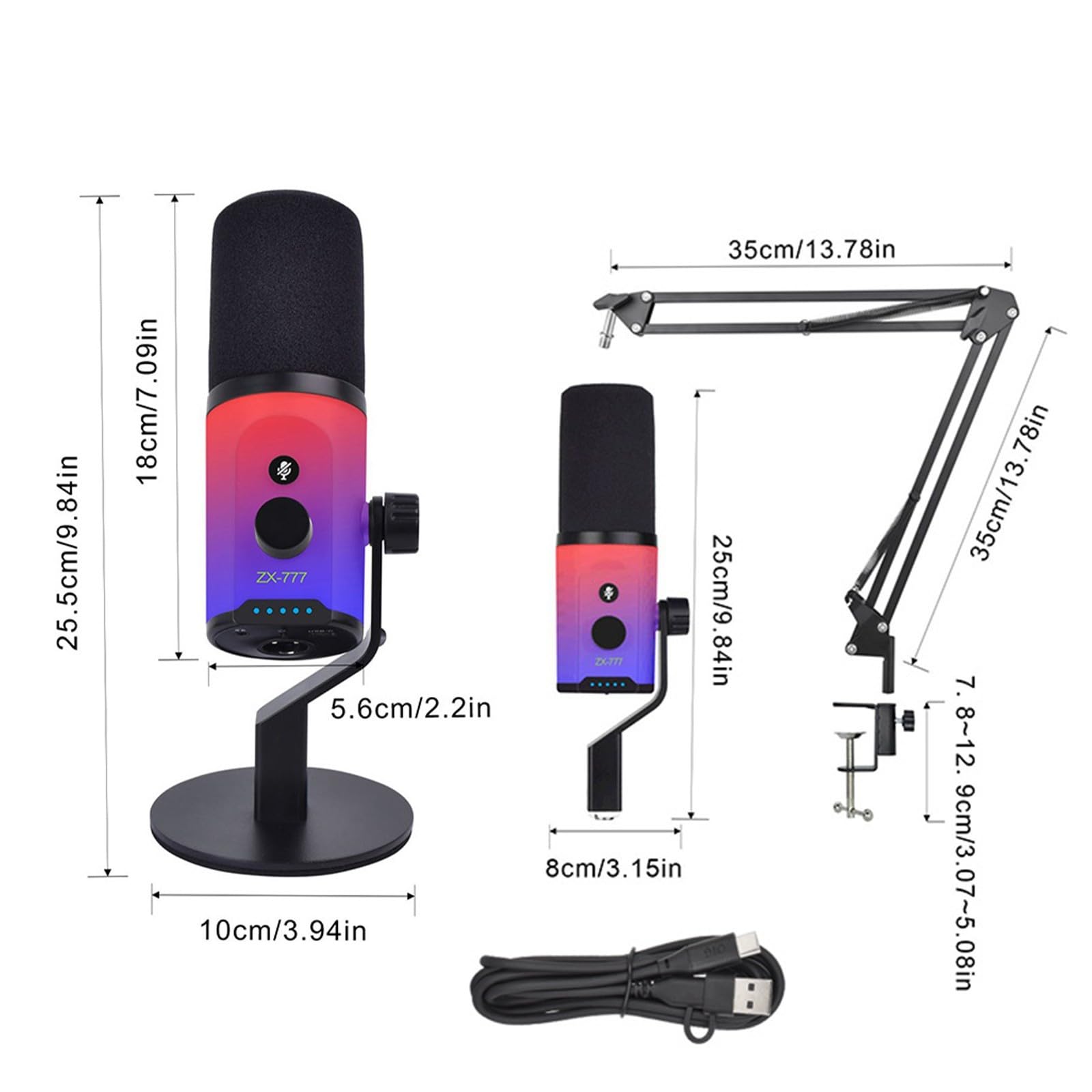 Microfono USB Power con suono di qualità da studio, illuminazione a colori, controllo rapido della sensibilità, microfono USB per streaming antiurto con illuminazione dinamica