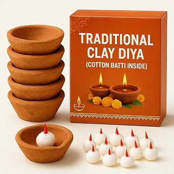 Traditional Handmade Clay Diya Set with Cotton Batti Pack of 12 Terracotta Oil Lamps for Diwali Decoration, Hindu Pooja, Temple Use, Spiritual Rituals, and Festive Lighting