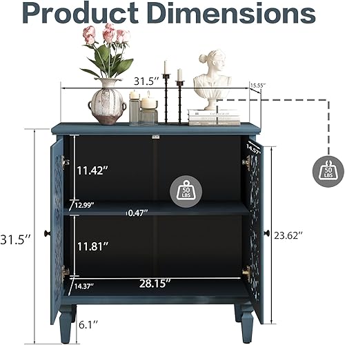 Miniatura 2 de Armario de buffet con 2 puertas y 1 estante, aparador tallado de madera con hueco tallado pequeño armario de almacenamiento de acento de barra de