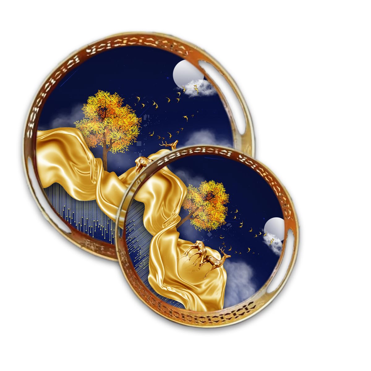 DEC ABODE Metal Serving Tray, Deer Blue & Gold Combination Designer Serving Iron Tray Set of 2 Pcs 10 & 8"