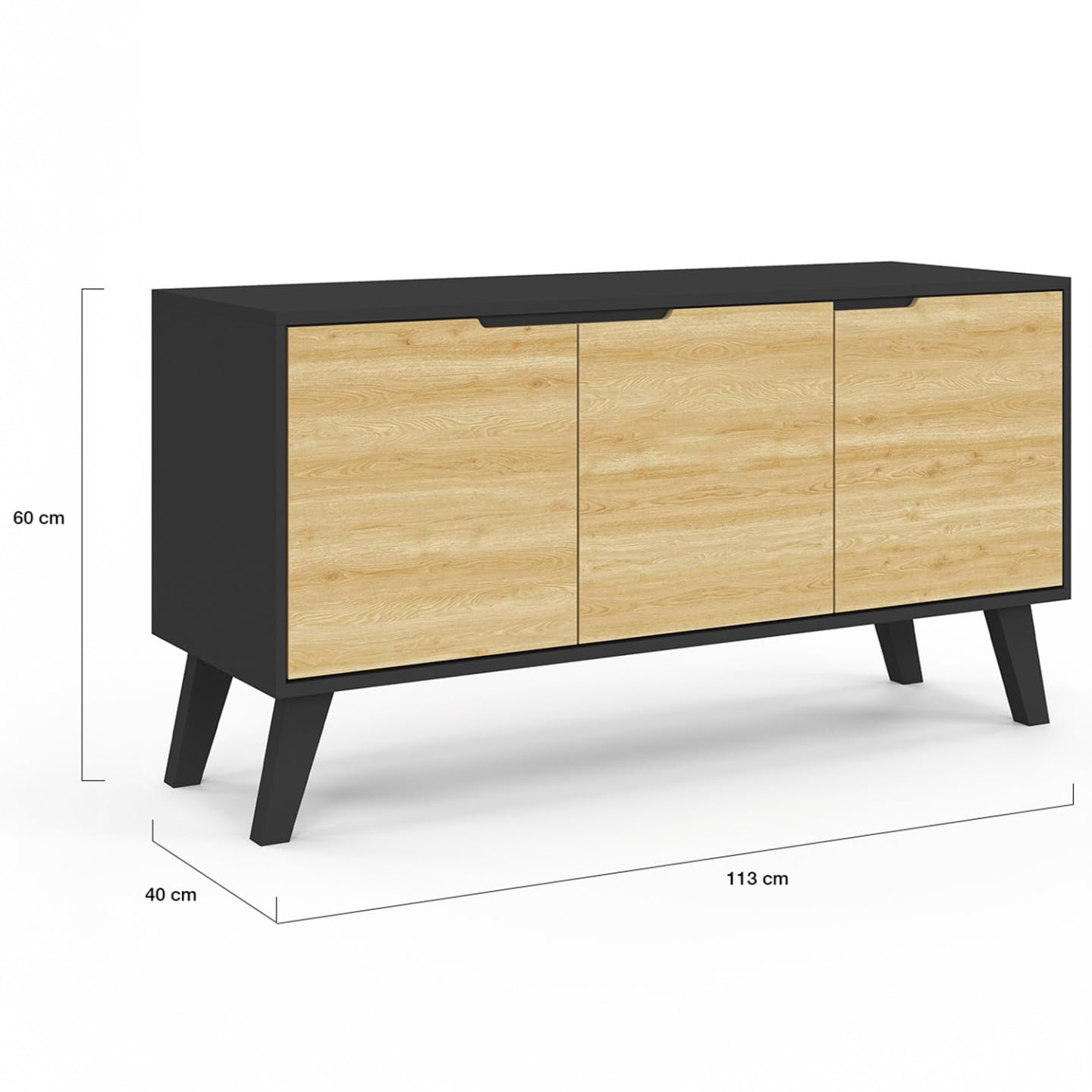 IDMarket - Buffet Bas scandinave 113 cm FINN 3 Portes Noir et Bois façon hêtre
