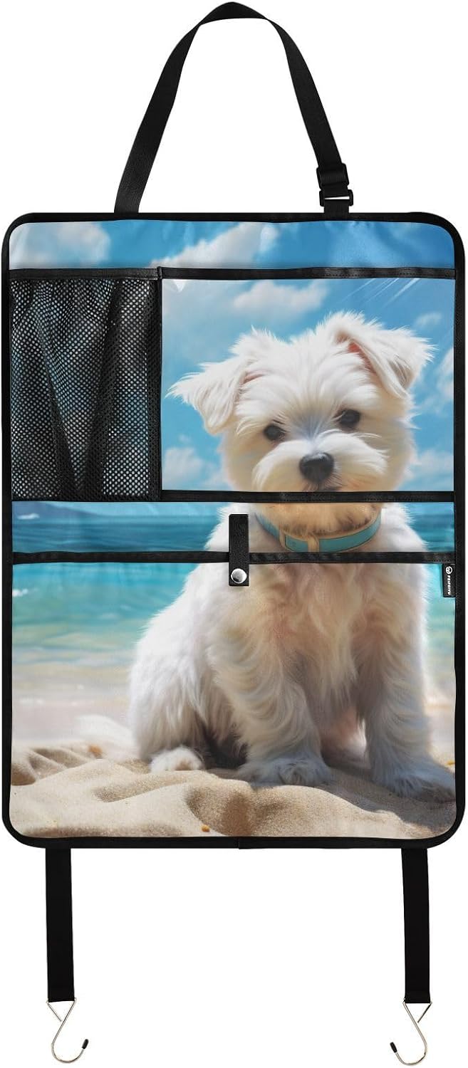Car Seat Back Protector White Dog Beach Print, Backseat Organizer with Pockets for Tablet Bottle Tissue Book, Auto Kick Mats 25x18 IN 2 Pack