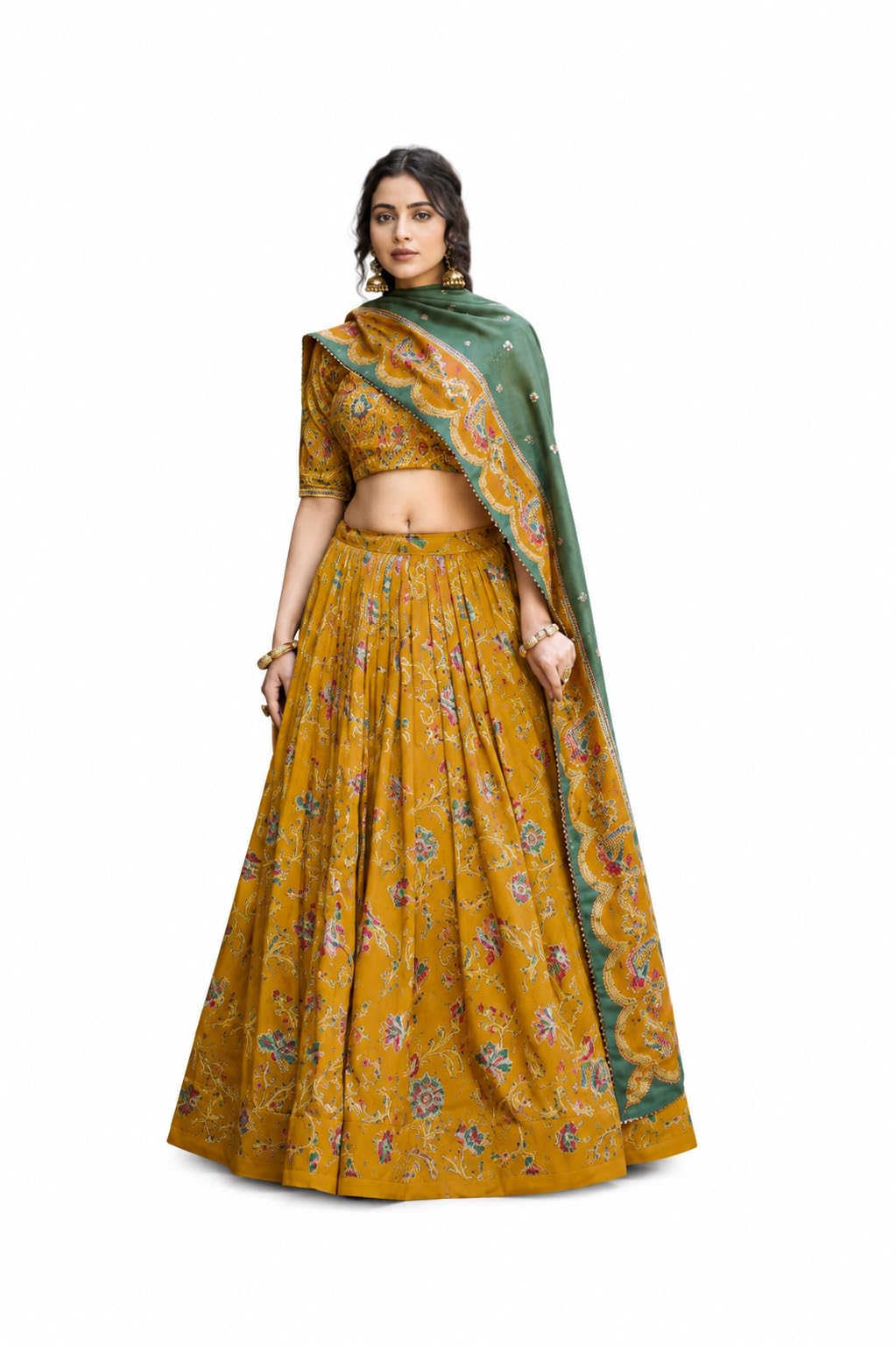 Mustard Yellow Women's Dolla Tusser Silk Lehenga Choli with Dupatta, Printed Foil Work Designer Ghagra Choli, Floral Wedding Wear Party Wear Festive Traditional Ethnic Lehenga Set for Women-picture-33