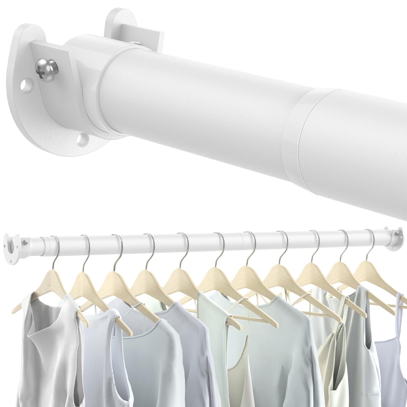 Ruiony Wardrobe Rail, 43 to 135 CM Heavy-Duty Stepless Adjustable Wardrobe Hanging Rail, 3.3 CM Diameter Metal Wardrobe Pole for Wardrobes, Laundry Room, Bedroom and RV, White