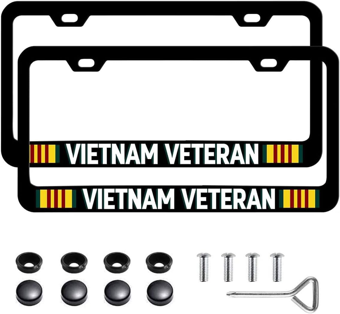 2 Pieces Black Aluminum for Vietnam Veteran License Plate Frames Covers with Zinc Alloy Logo Anti-Theft Screws,Narrow Side Design Does Not Block The for Vietnam Veterans of America License Plate
