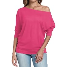 Poetsky Womens 3/4 Sleeve Shirts Sexy Off Shoulder Ruched Tops Loose Fitting Blouses