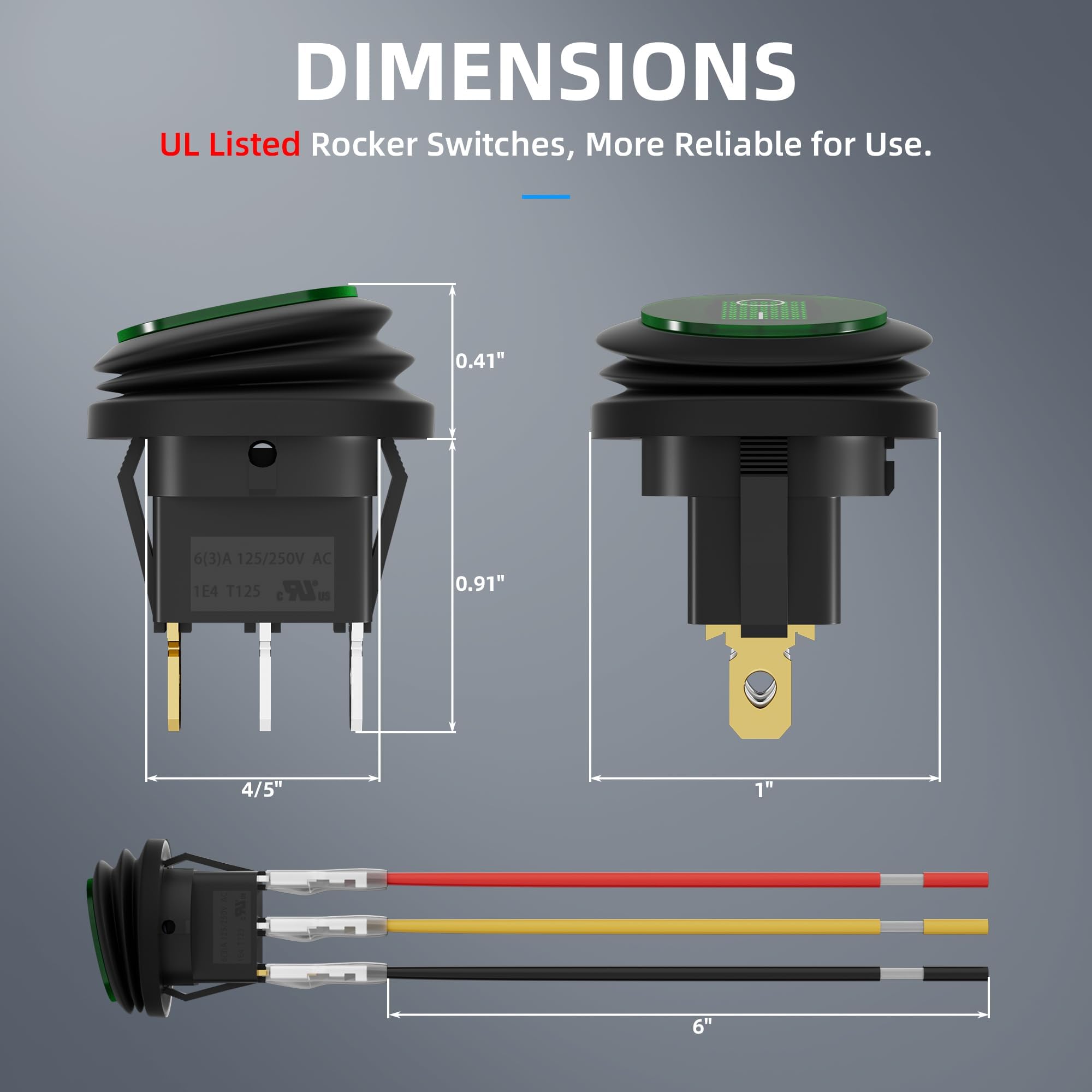 DaierTek Round Toggle Switch Green LED [UL Listed] 12V 20A Waterproof Rocker Switch 3 Pin SPST Lighted ON Off Marine Switch for Car Motorcycle UTV ATV -5pcs