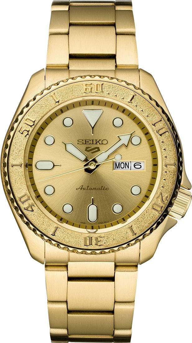 Automatic Watch for Men - Five Sports - Day/Date Calendar, LumiBrite Hands and Markers, Rotating Bezel, Water Resistant to 100 Meters, Gold - SRPE74 , STD - Rotating Bezel, Modern