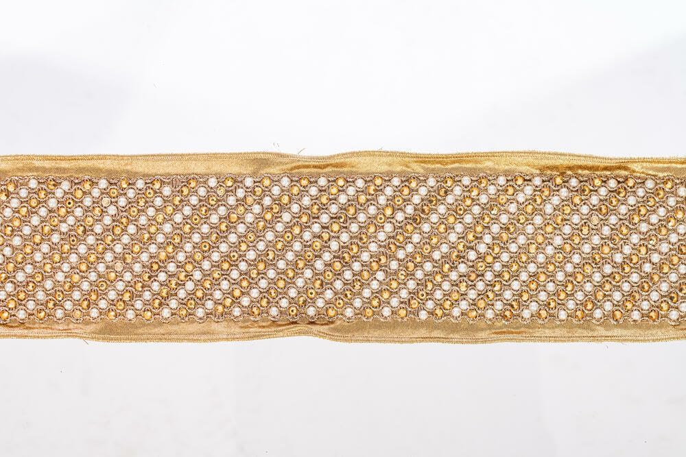 Vickerman 4" x 5 Yards Gold Jewel Pearls Wired Edge Christmas Ribbon.