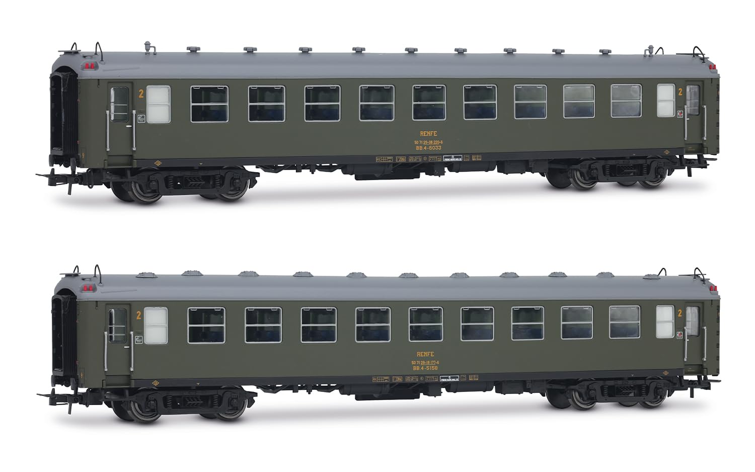 Electrotren HE4038 RENFE, Set di 2 unità da 5000 carrozze, BB4 di 2a Classe, con Vecchi soffietti, livrea Verde Oliva, EP. IV