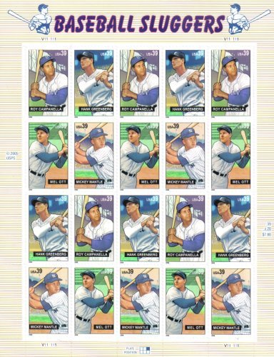 United States Postal Service BASEBALL SLUGGERS ~ MICKEY MANTLE ~ MEL OTT ~ ROY CAMANELLA ~ HANK GREENBERG #4083a Pane of 20 x 39¢ US Postage Stamps