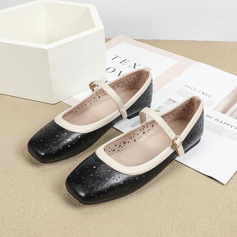 Cut-Out Women’s Square Toe Mary Jane Flats Shoes with Strap Buckle, Elegant Comfortable Slip-On Lea Ther Ballet Flats for Casual Outfits Office Daily Dress4