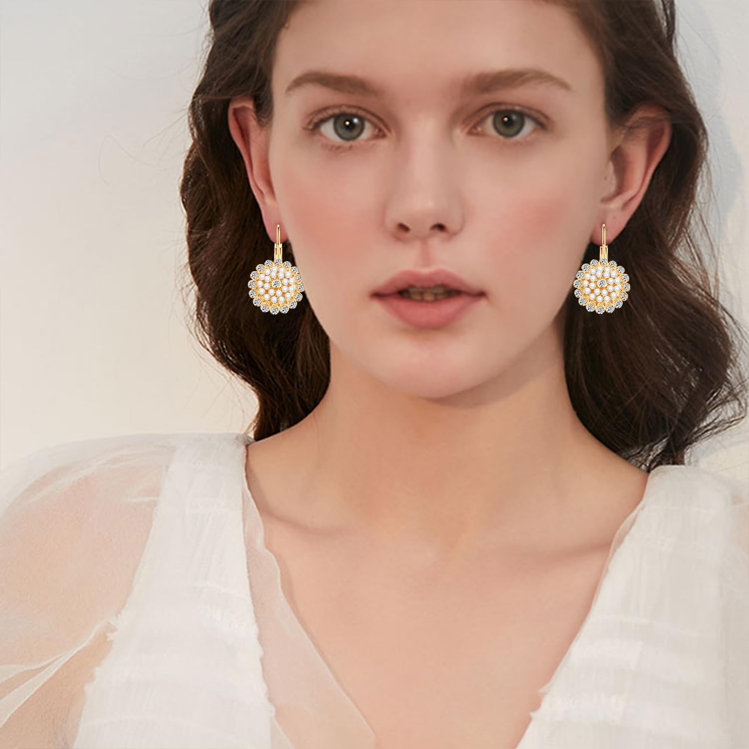 Unique Boho Sparkly Crystal Pearl Flower Disc Dangle Drop Earrings 14k Gold Round Floral Leverback Earrings For Women - Image 4