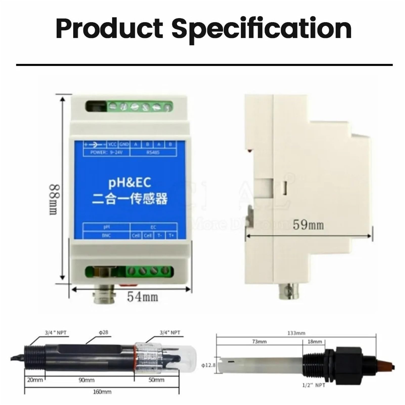 PH Sonde Din-Schienen-Typ PH EC Kunststoff-Elektrodensonde RS485 2-in-1-Sensor Industrieller Abwassermonitor(Plastic Probe)