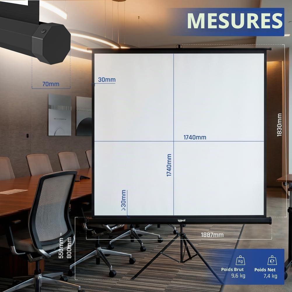 iggual Écran de Projection 100" - Portable Manuel Enroulable avec Trépied - Format 1:1 - Vision 180º - Compatible 4K et Tout Projecteur - Hauteur Réglable + Sac Transport et Trépied (180x180 cm)