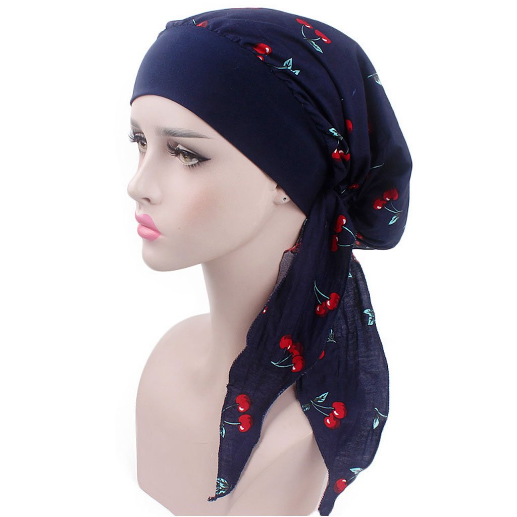 LamdooWomens Chemo Hat Turban Head Scarves Pre-Tied Headwear Bandana Elastic Band Soft Navy Cherry