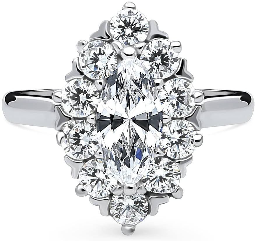 BERRICLE Sterling Silver Navette Wedding Engagement Rings Cubic Zirconia CZ Statement Halo Cocktail Ring for Women, Rhodium Plated