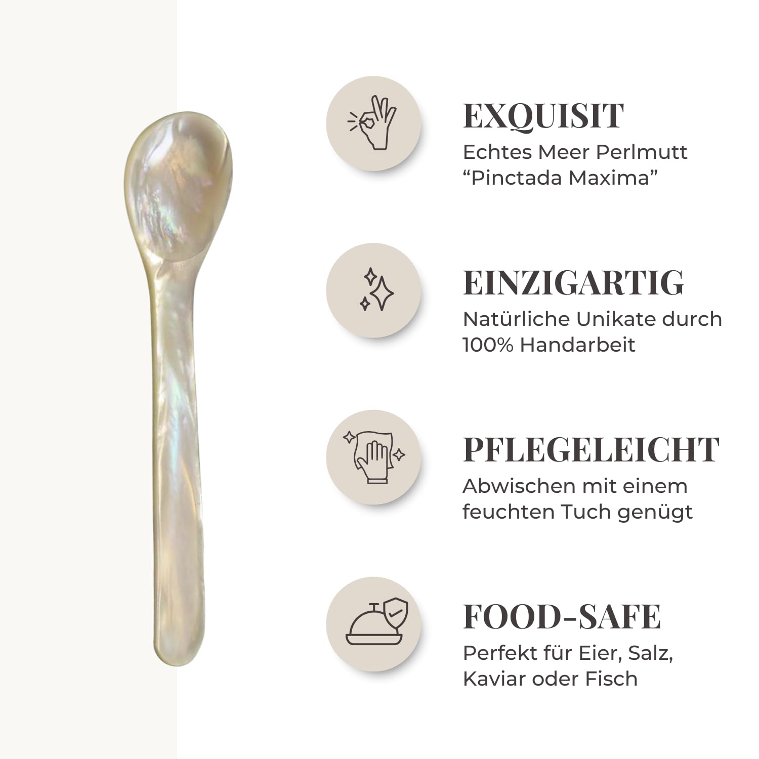 EDZARD 4er Set Eierlöffel (Länge 11 cm) aus echtem Meer-Perlmutt (Pinctada maxima), Handarbeit, 100% Naturprodukt, Griff oben abgerundet, edle Geschenkverpackung, Perlmuttlöffel für Ei und Kaviar