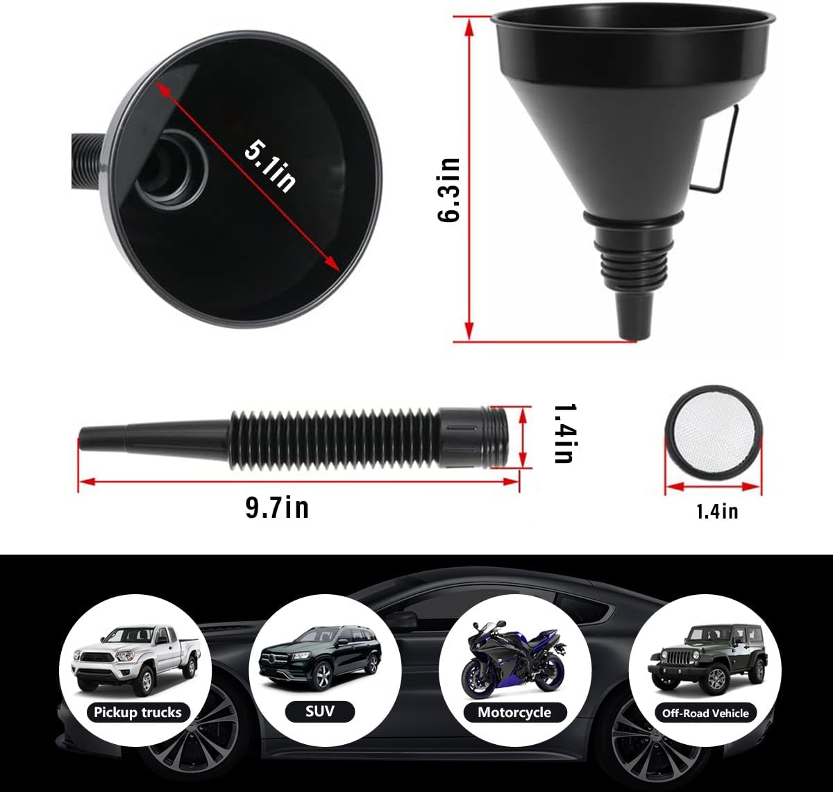 Wide Mouth Oil Funnel with Flexible Extension, Auto Nozzle Hose, Black Plastic, Car Accessory image 2