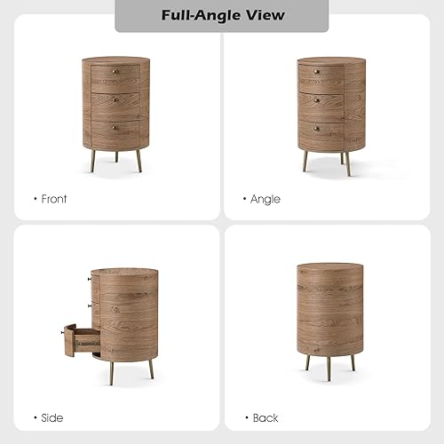 Miniatura 5 de HULALA HOME Mesa auxiliar redonda con 3 cajones de almacenamiento mesa auxiliar pequeña moderna de mediados de siglo con patas de metal mesa