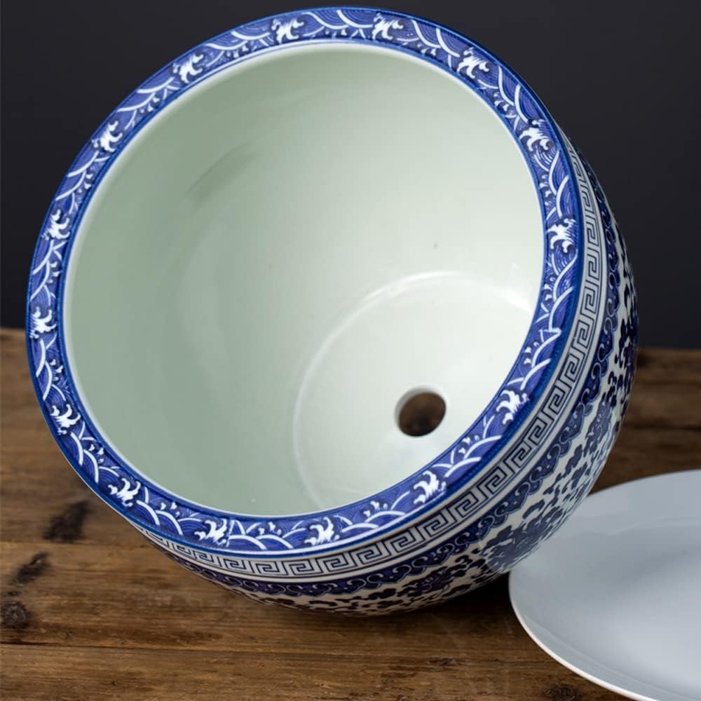 Jingdezhen Blue and White Porcelain Flower Pot with Drainage Hole, Ceramic Fish Bowl Planter for Orchids Succulents Herbs, Potbelly Shape Indoor Plant Pot for Home Decor Tabletop
