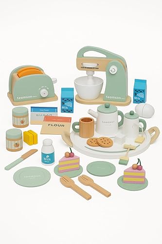 Teamson Kids Juego de accesorios de cocina de madera 3 en 1 Little Chef Frankfurt  Juego de tostadora de 11 piezas, juego de fiesta de té de 20