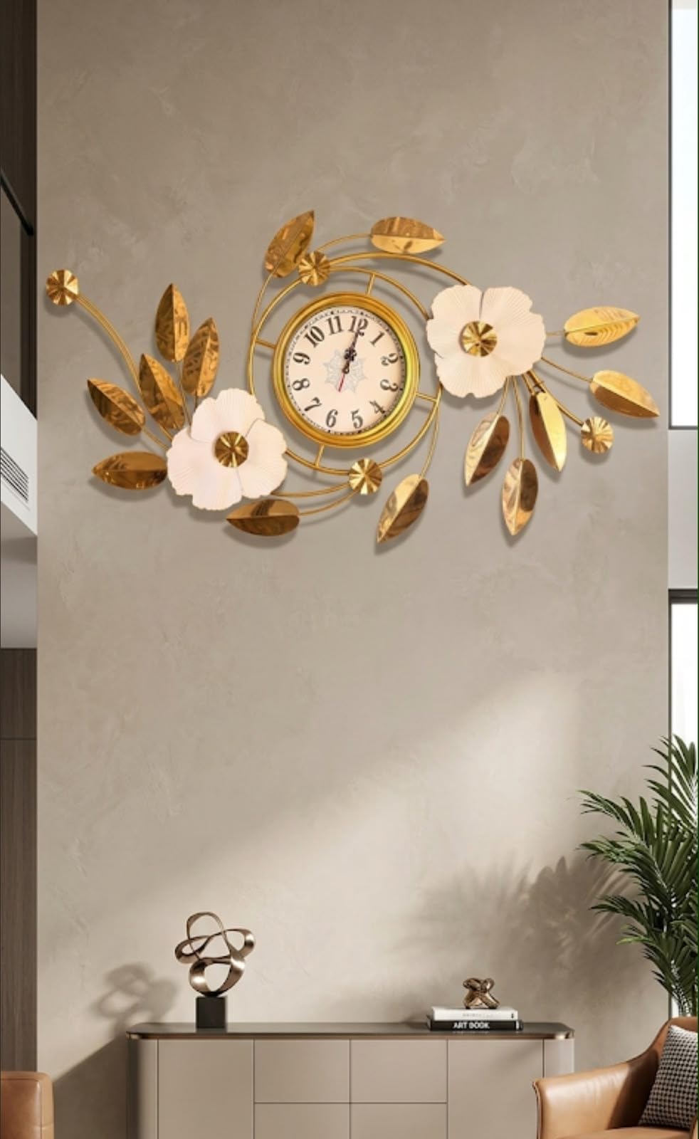 Sanleen Large Metal Floral Wall Clock with Leaves Design – Luxury Golden Decorative Designer Clock for Living Room, Horizontal Wall Art Clock (48 x 21 Inch)-image-39