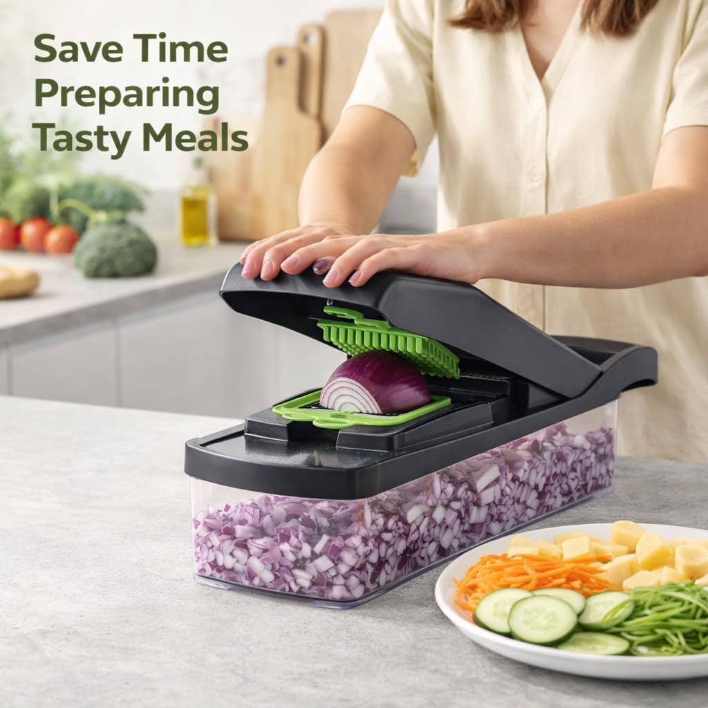 16-in-1 Vegetable Chopper & Mandoline Slicer – Multi-Function Food Cutter with Container, Stainless Steel Blades, Onion Dicer, Veggie Cutter, Grater Kitchen Tool