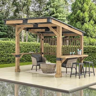 Sunjoy Wooden Grill Gazebo 10 ft. x 11 ft. Outdoor Cedar Frame BBQ Gazebo, Backyard Hot Tub Gazebo with Aluminum Hardtop Roof, Privacy Screen and Bar Shelves by SummerCove