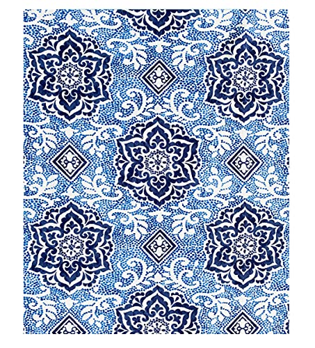 Waverly Spotlight Mediterranean Tile Print Indoor/Outdoor Print Fabric Tablecloth, Blue Mosaic Medallion Design, Stain And Water Resistant Tablecloth, 70 Inch Round #TOP3