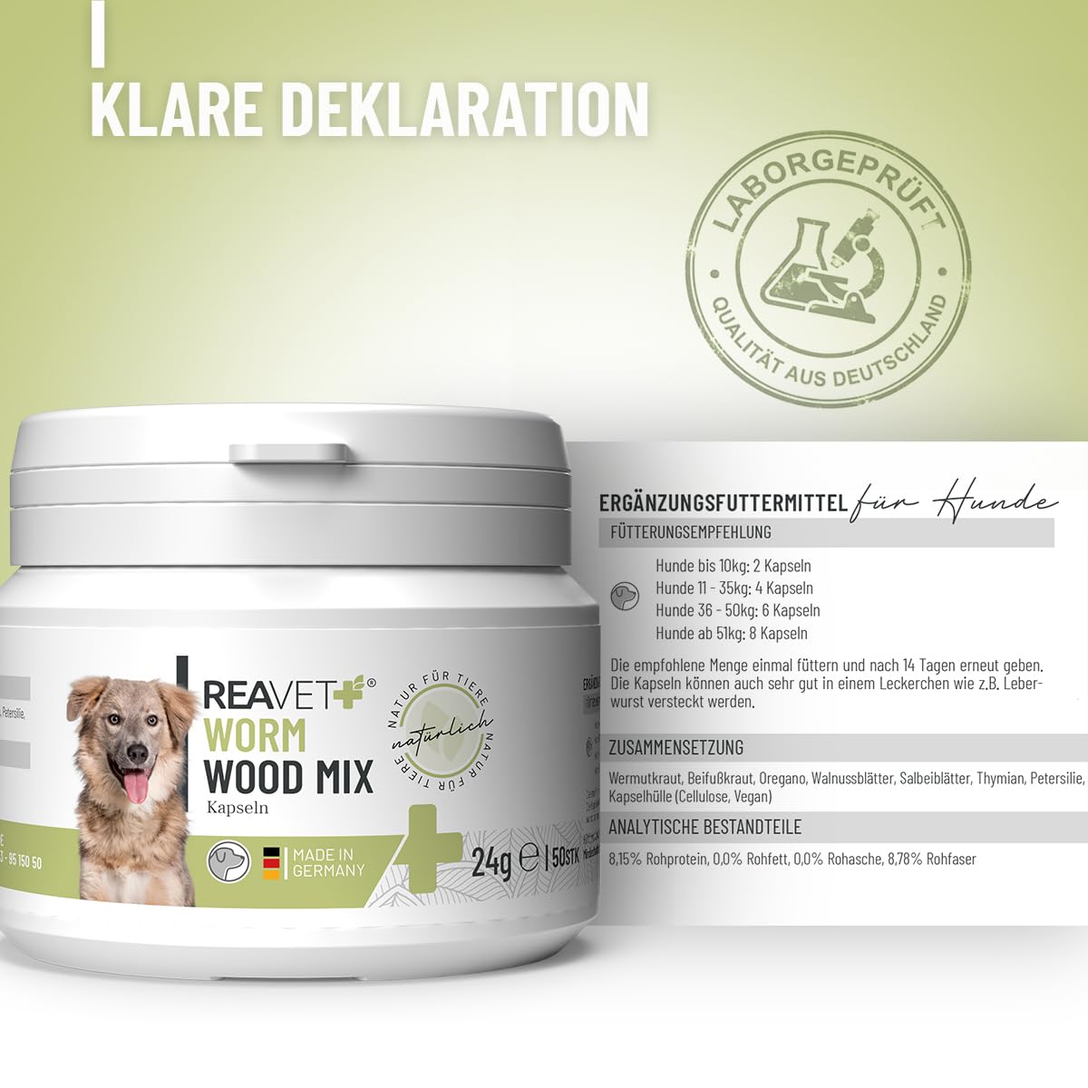 ReaVET Wormwood Mix Cápsulas para perros, 50 comprimidos, producto natural, armoniza el tracto gastrointestinal, flora intestinal sana, formulación de gusanos